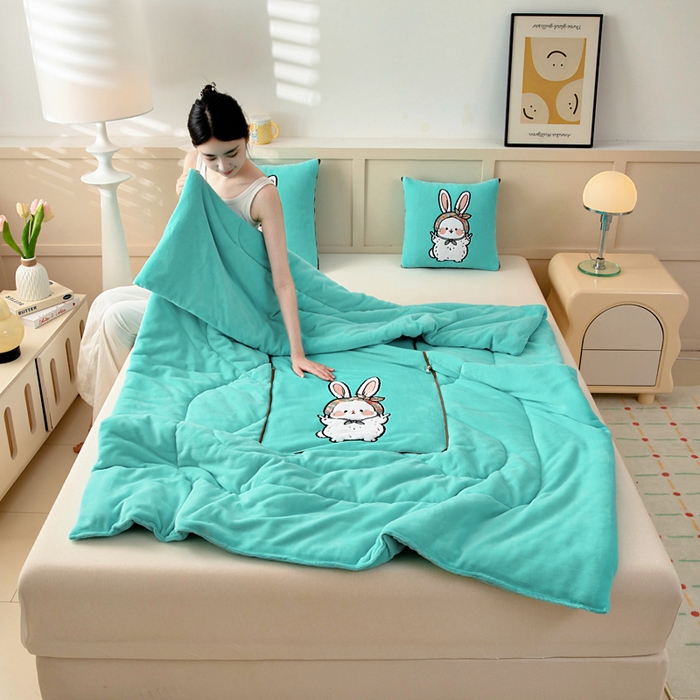 91家纺网 家纺一手货源 找家纺 阳光依佰抱枕被 2025秋冬新款牛奶绒多功能抱枕被系列-大耳兔 大耳兔---宝石兰