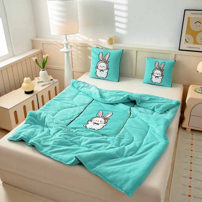 91家纺网 家纺一手货源 找家纺 阳光依佰抱枕被 2025秋冬新款牛奶绒多功能抱枕被系列-大耳兔 大耳兔---宝石兰