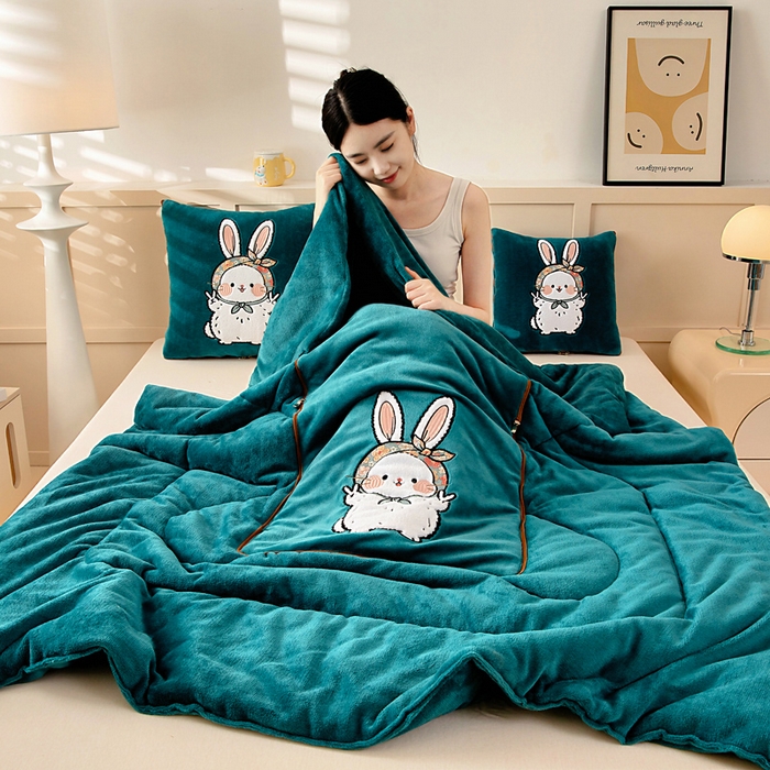 91家纺网 家纺一手货源 找家纺 阳光依佰抱枕被 2025秋冬新款牛奶绒多功能抱枕被系列-大耳兔 大耳兔---孔雀绿