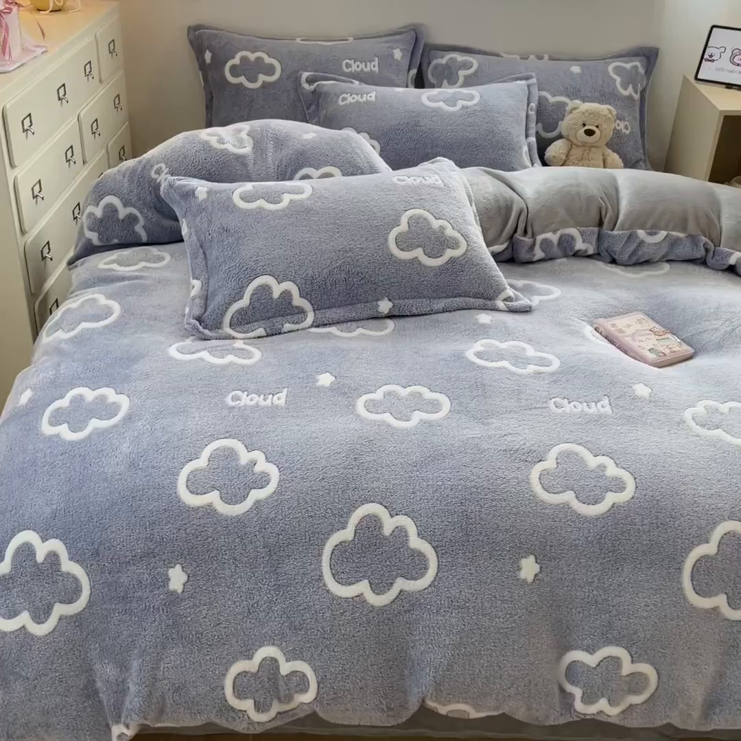 91家纺网 家纺一手货源 找家纺 川悦生活 2025新款立体雪花绒印花大床四件套系列一场景一 奶味云朵