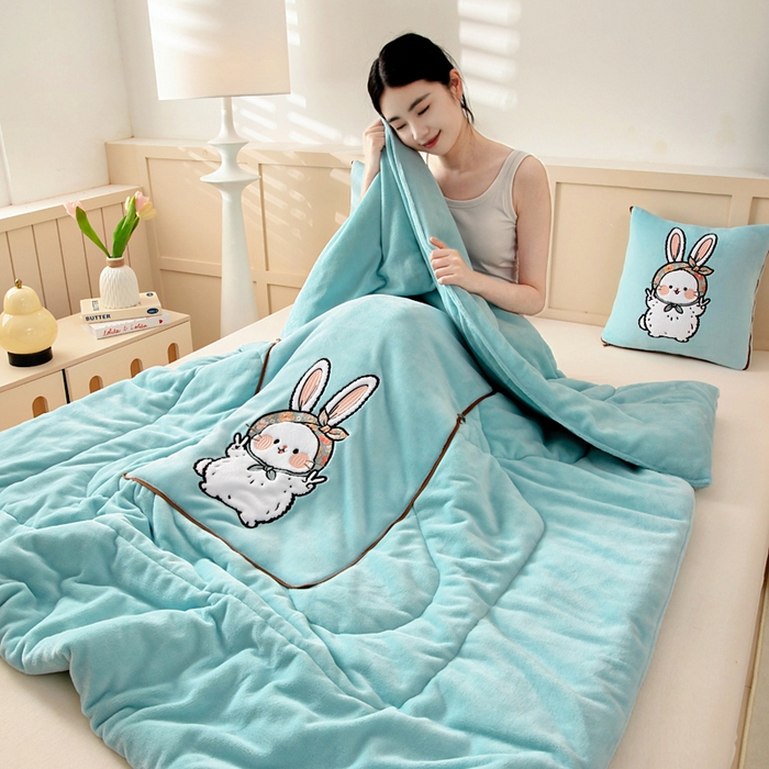 91家纺网 家纺一手货源 找家纺 阳光依佰抱枕被 2025秋冬新款牛奶绒多功能抱枕被系列-大耳兔 大耳兔---浅蓝色