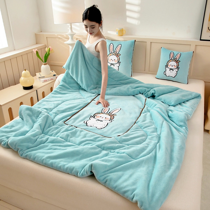 91家纺网 家纺一手货源 找家纺 阳光依佰抱枕被 2025秋冬新款牛奶绒多功能抱枕被系列-大耳兔 大耳兔---浅蓝色