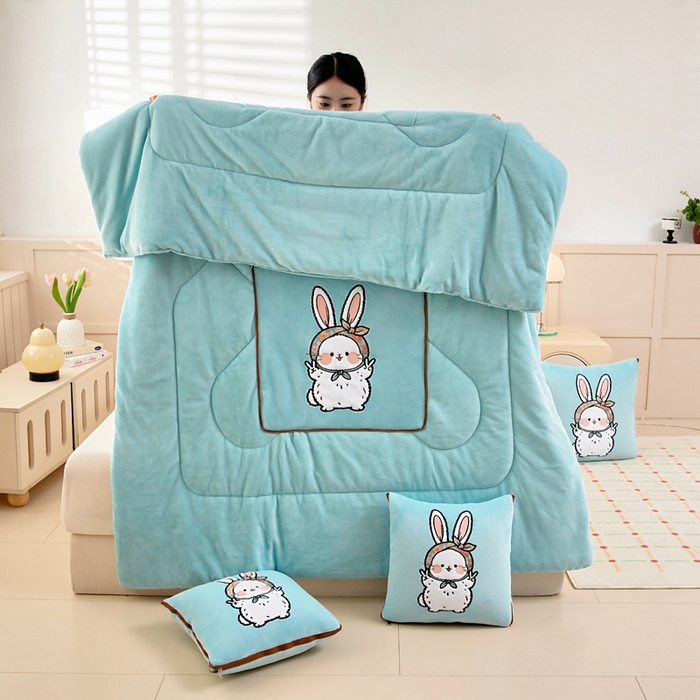 91家纺网 家纺一手货源 找家纺 阳光依佰抱枕被 2025秋冬新款牛奶绒多功能抱枕被系列-大耳兔 大耳兔---浅蓝色