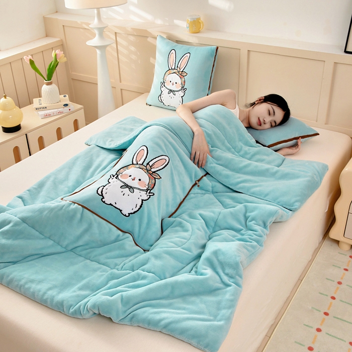 91家纺网 家纺一手货源 找家纺 阳光依佰抱枕被 2025秋冬新款牛奶绒多功能抱枕被系列-大耳兔 大耳兔---浅蓝色