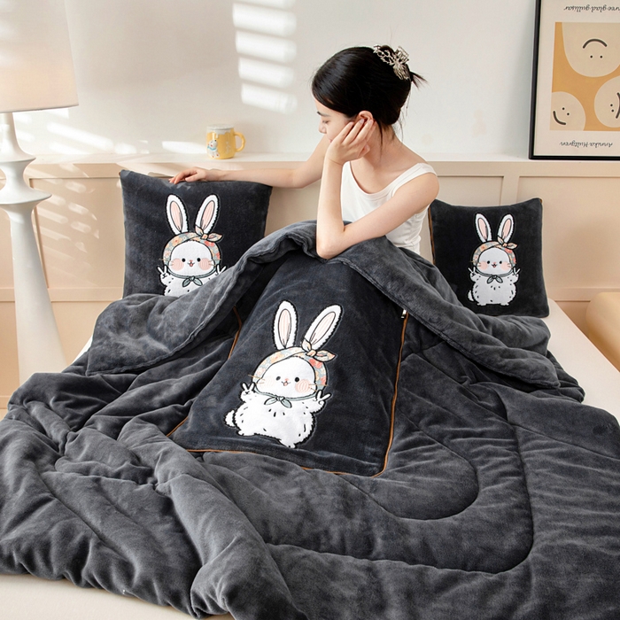 91家纺网 家纺一手货源 找家纺 阳光依佰抱枕被 2025秋冬新款牛奶绒多功能抱枕被系列-大耳兔 大耳兔---神秘黑