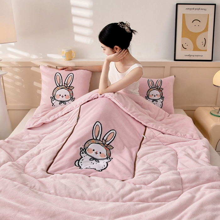 91家纺网 家纺一手货源 找家纺 阳光依佰抱枕被 2025秋冬新款牛奶绒多功能抱枕被系列-大耳兔 大耳兔---樱花粉