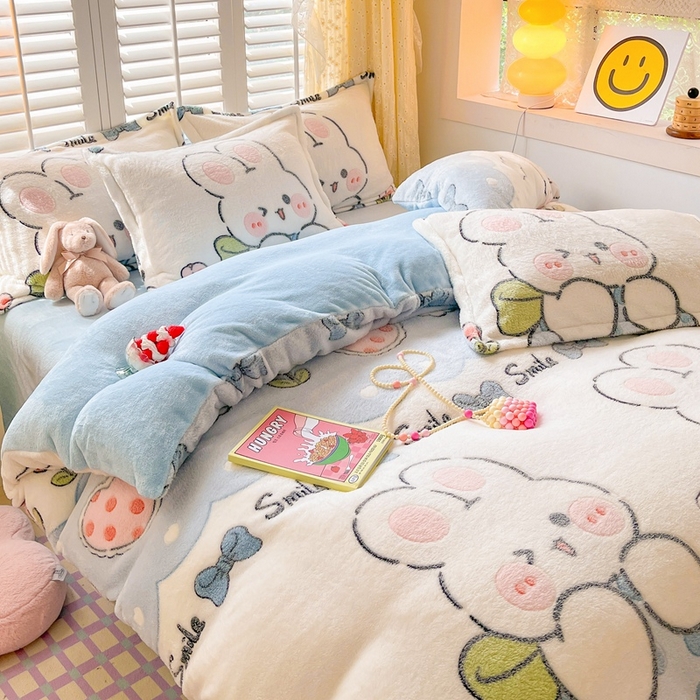 91家纺网 家纺一手货源 找家纺 川悦生活 2025新款立体雪花绒印花大床四件套系列一场景一 少女小兔