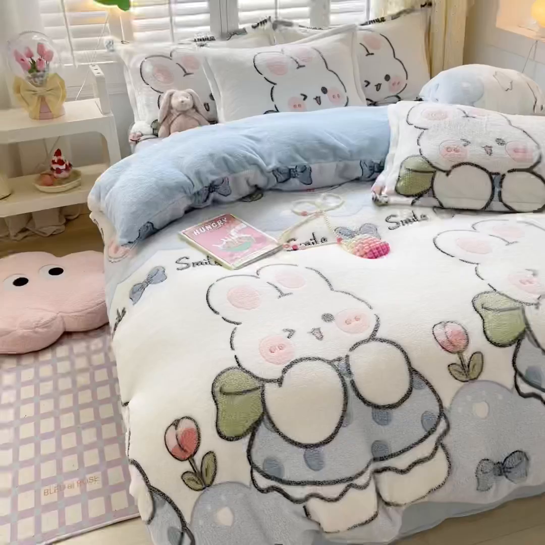 91家纺网 家纺一手货源 找家纺 川悦生活 2025新款立体雪花绒印花大床四件套系列一场景一 少女小兔