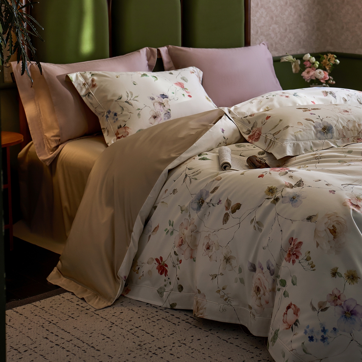 91家纺网 家纺一手货源 找家纺 2025新款 【不断货】70SA类轻奢长绒棉印花四件套正品YKK拉链+精品做工+独版（控价，不低于458） 山木花葶