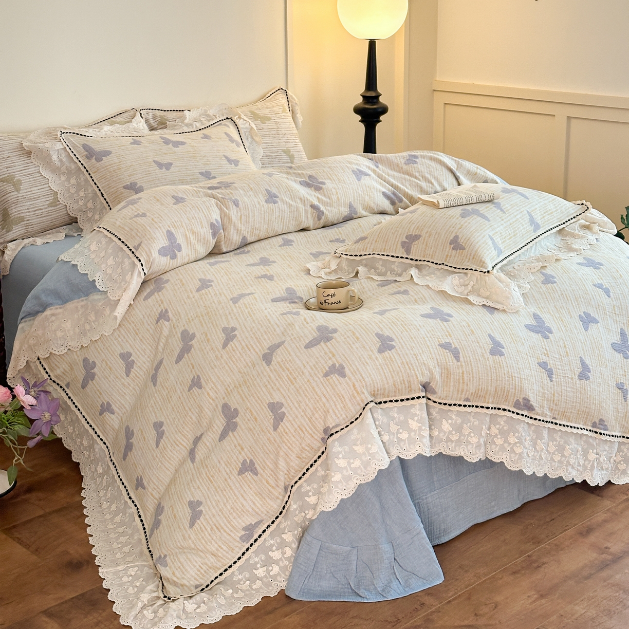 91家纺网 家纺一手货源 找家纺 （总）淑女公社家纺 2025秋冬新款法式空气提花皱皱纱四件套-蝶舞