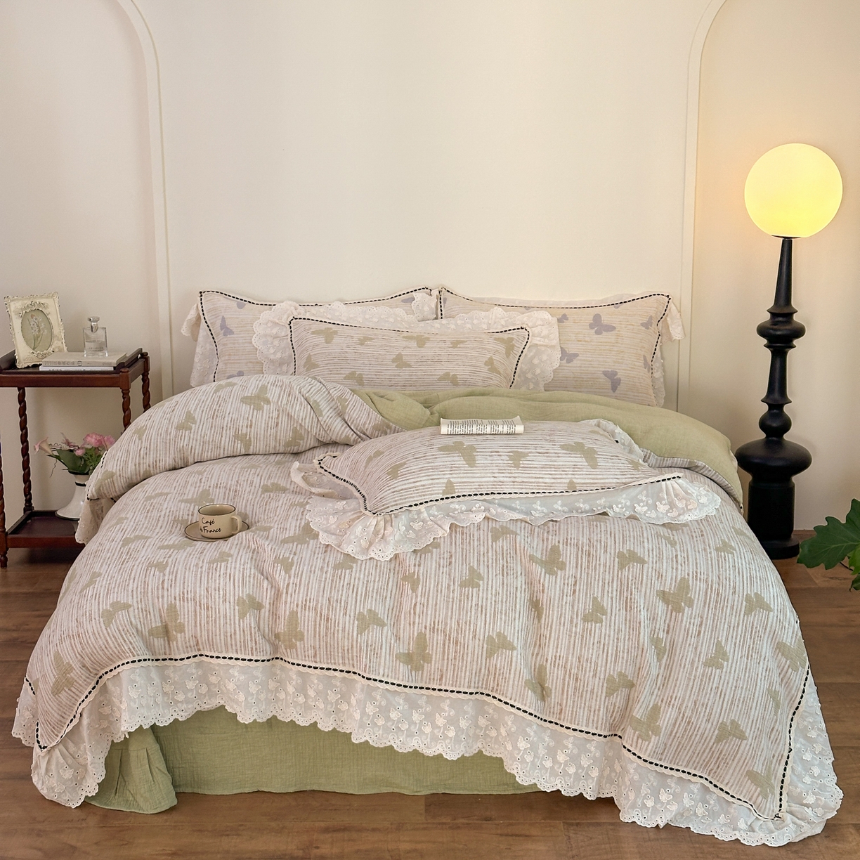 91家纺网 家纺一手货源 找家纺 淑女公社家纺 2025秋冬新款法式空气提花皱皱纱四件套-蝶舞 蝶舞 抹茶绿