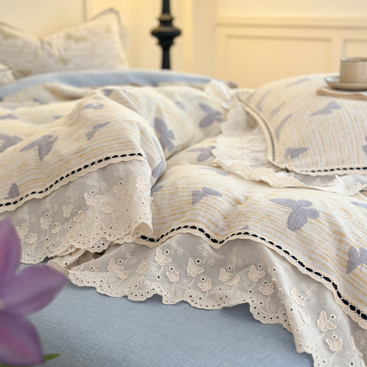 91家纺网 家纺一手货源 找家纺 （总）淑女公社家纺 2025秋冬新款法式空气提花皱皱纱四件套-蝶舞