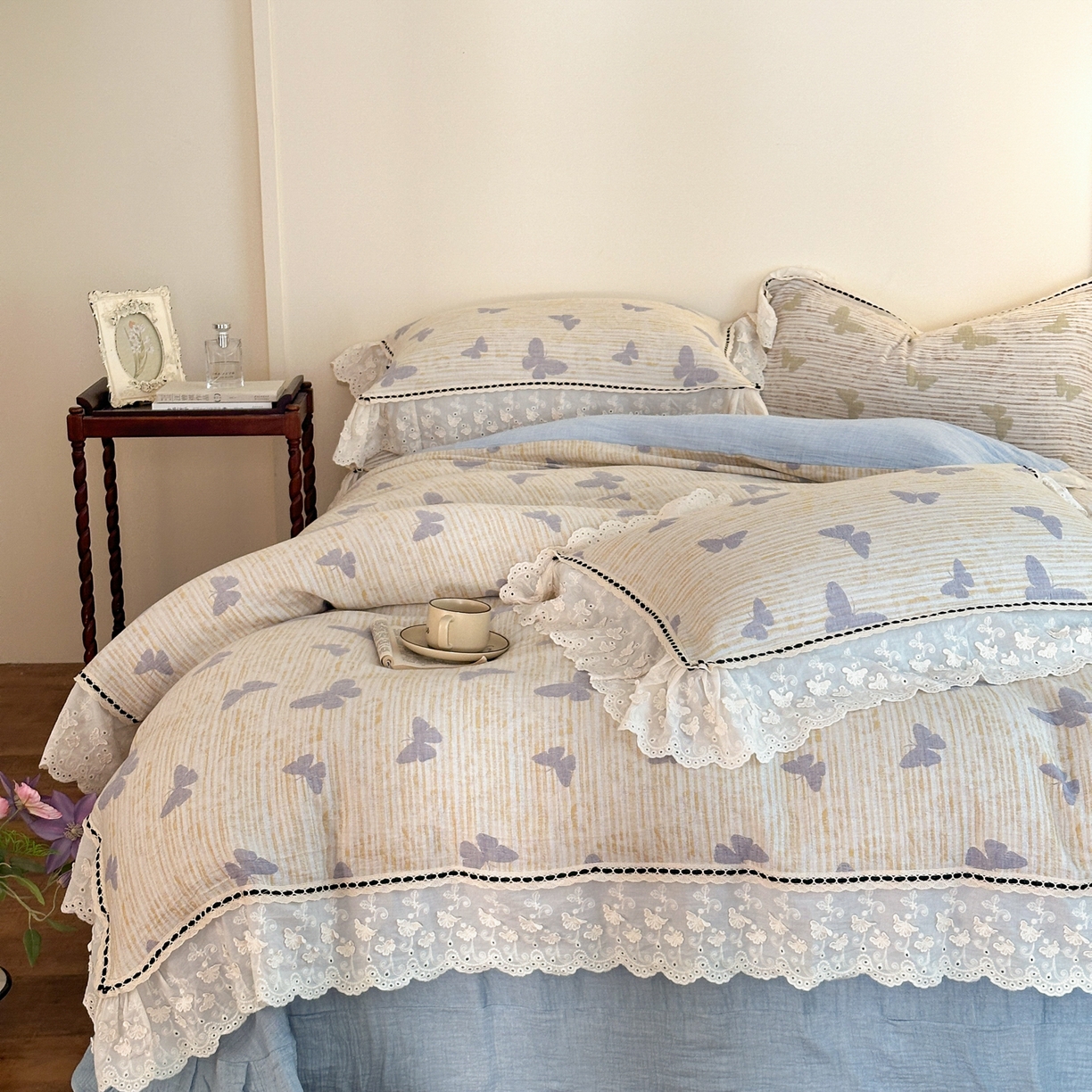 91家纺网 家纺一手货源 找家纺 （总）淑女公社家纺 2025秋冬新款法式空气提花皱皱纱四件套-蝶舞