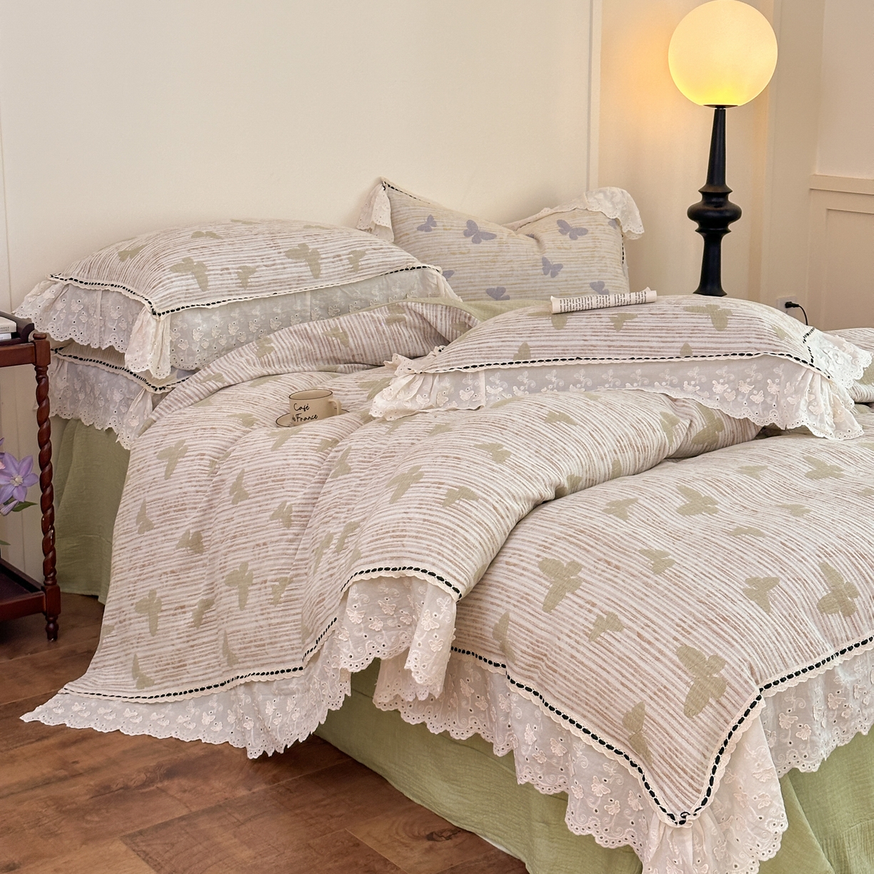 91家纺网 家纺一手货源 找家纺 淑女公社家纺 2025秋冬新款法式空气提花皱皱纱四件套-蝶舞 蝶舞 抹茶绿