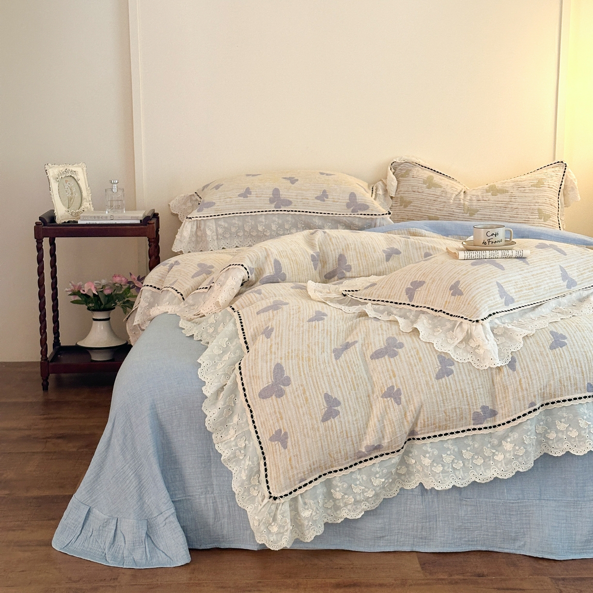 91家纺网 家纺一手货源 找家纺 （总）淑女公社家纺 2025秋冬新款法式空气提花皱皱纱四件套-蝶舞