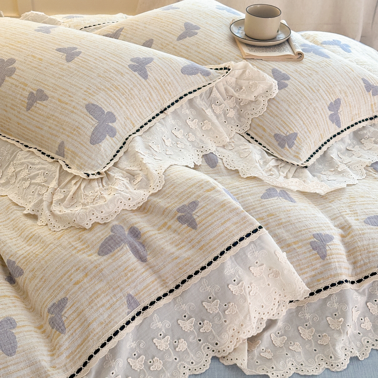 91家纺网 家纺一手货源 找家纺 淑女公社家纺 2025秋冬新款法式空气提花皱皱纱四件套-蝶舞 蝶舞 静谧蓝