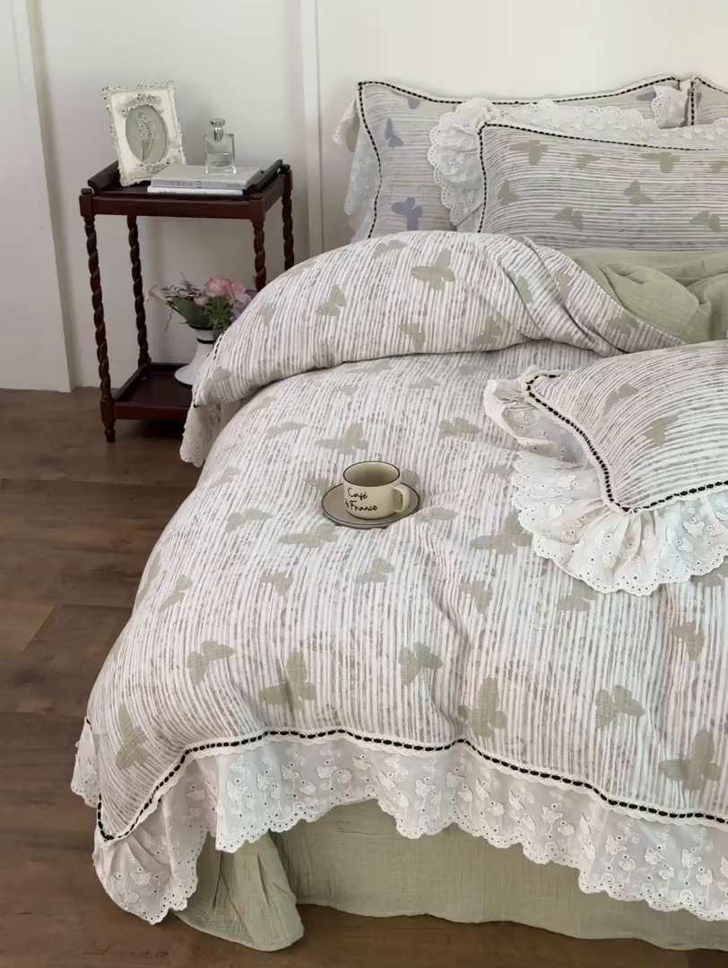 91家纺网 家纺一手货源 找家纺 淑女公社家纺 2025秋冬新款法式空气提花皱皱纱四件套-蝶舞 蝶舞 抹茶绿