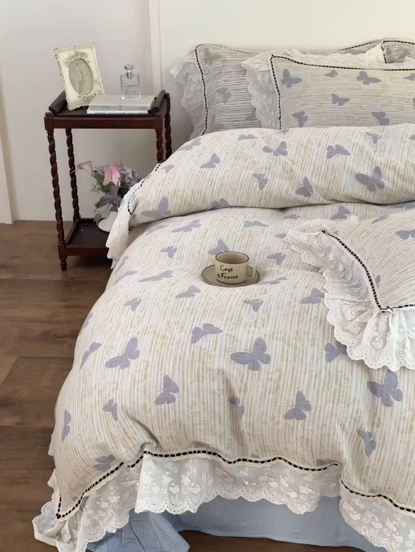 91家纺网 家纺一手货源 找家纺 （总）淑女公社家纺 2025秋冬新款法式空气提花皱皱纱四件套-蝶舞