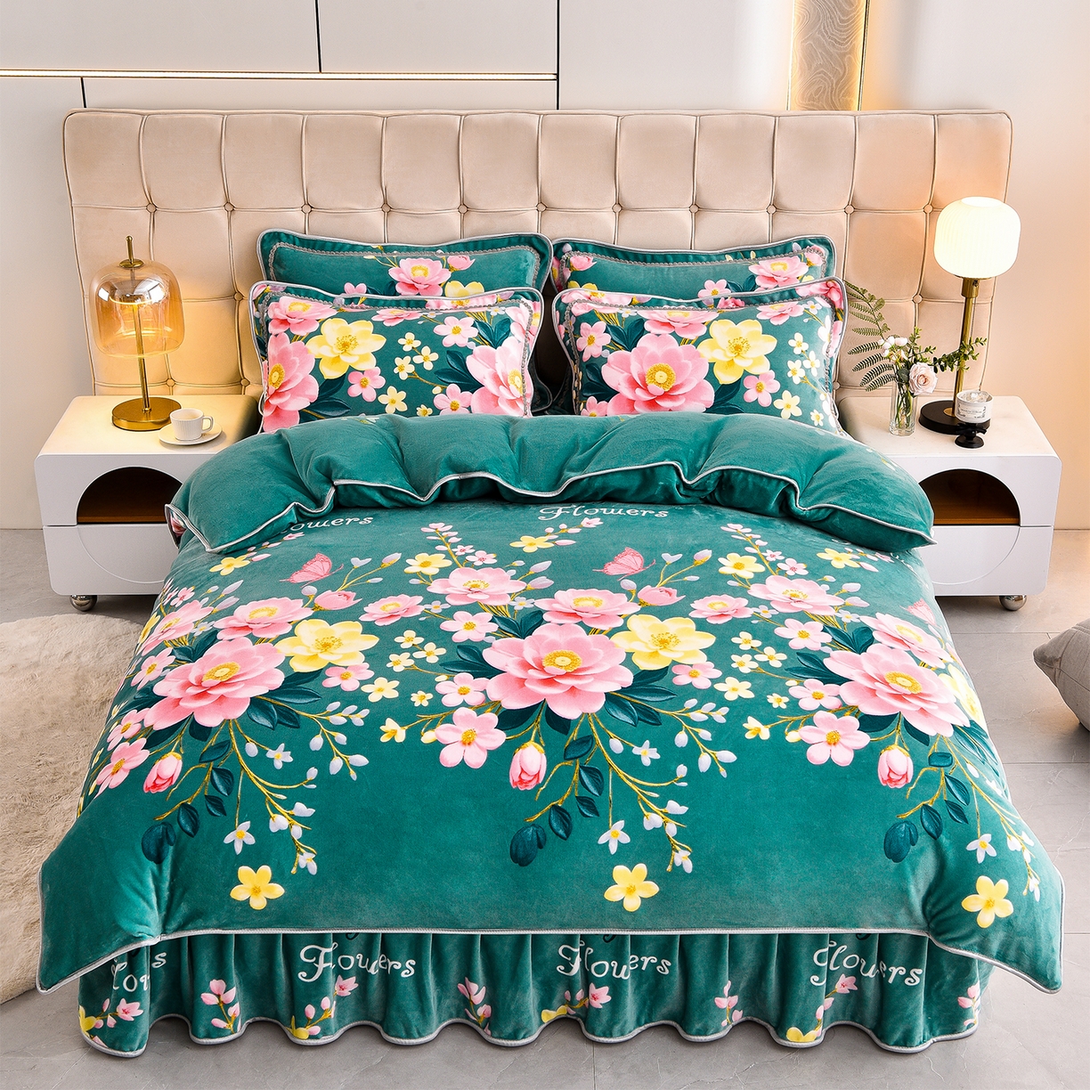 博兰蒂 2025新款床裙款高克重牛奶绒印花四件套 花开富贵