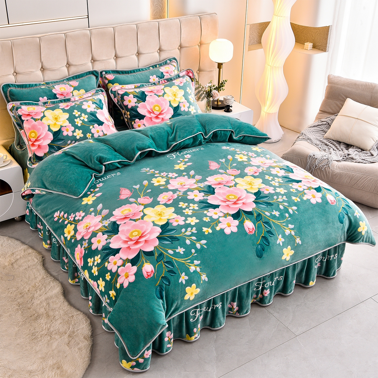 91家纺网 家纺一手货源 找家纺 博兰蒂 2025新款床裙款高克重牛奶绒印花四件套 花开富贵