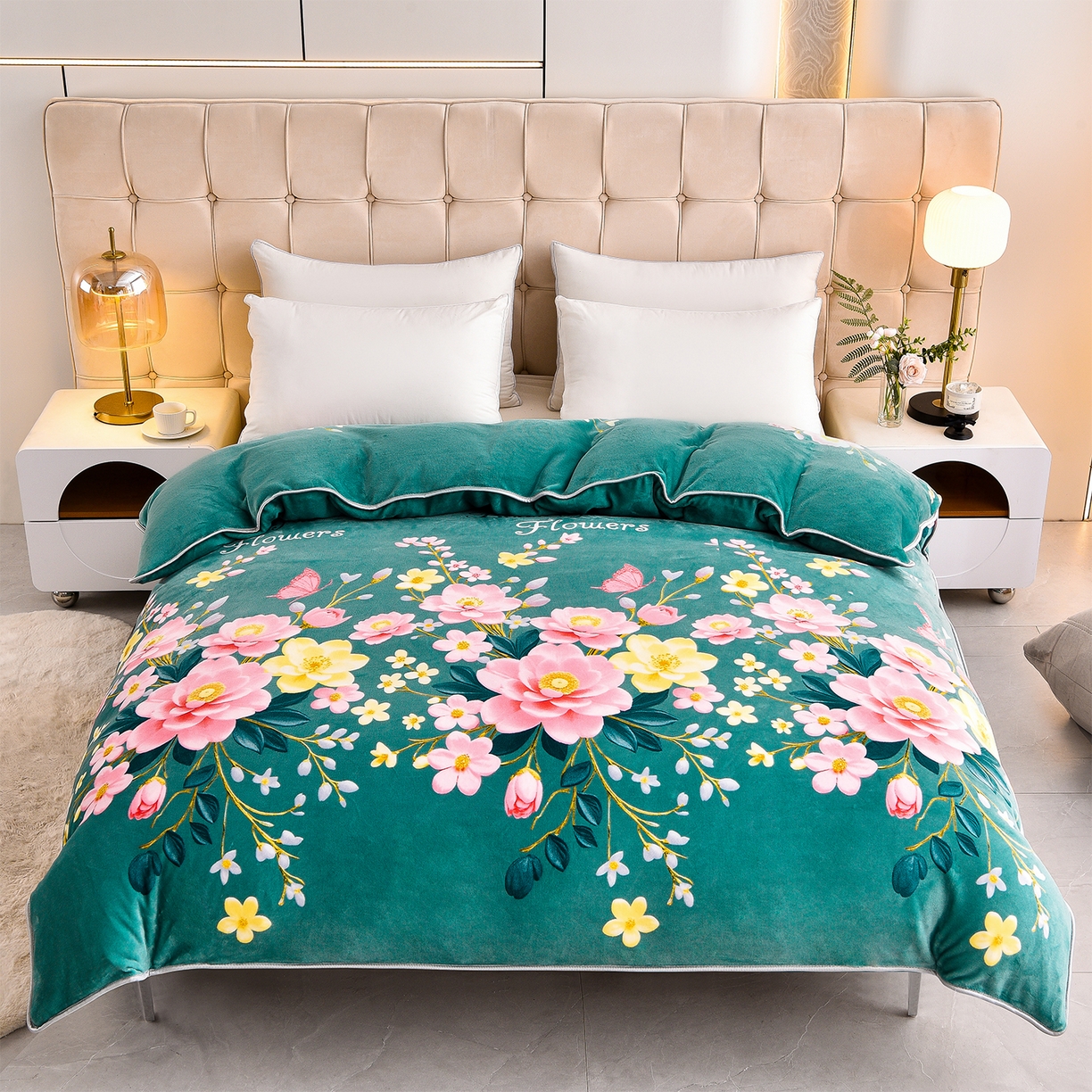 91家纺网 家纺一手货源 找家纺 博兰蒂 2025新款床裙款高克重牛奶绒印花四件套 花开富贵