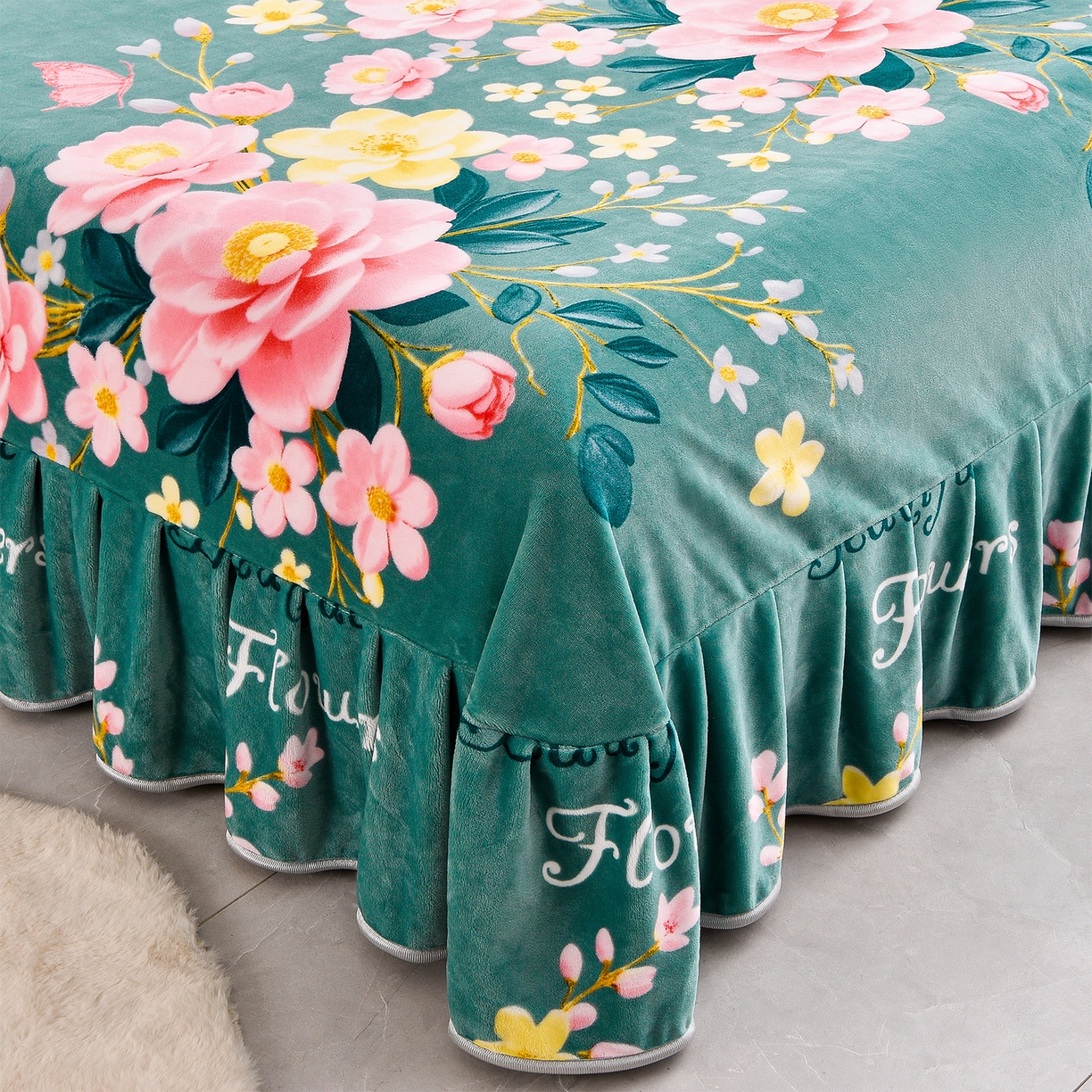 91家纺网 家纺一手货源 找家纺 博兰蒂 2025新款床裙款高克重牛奶绒印花四件套 花开富贵