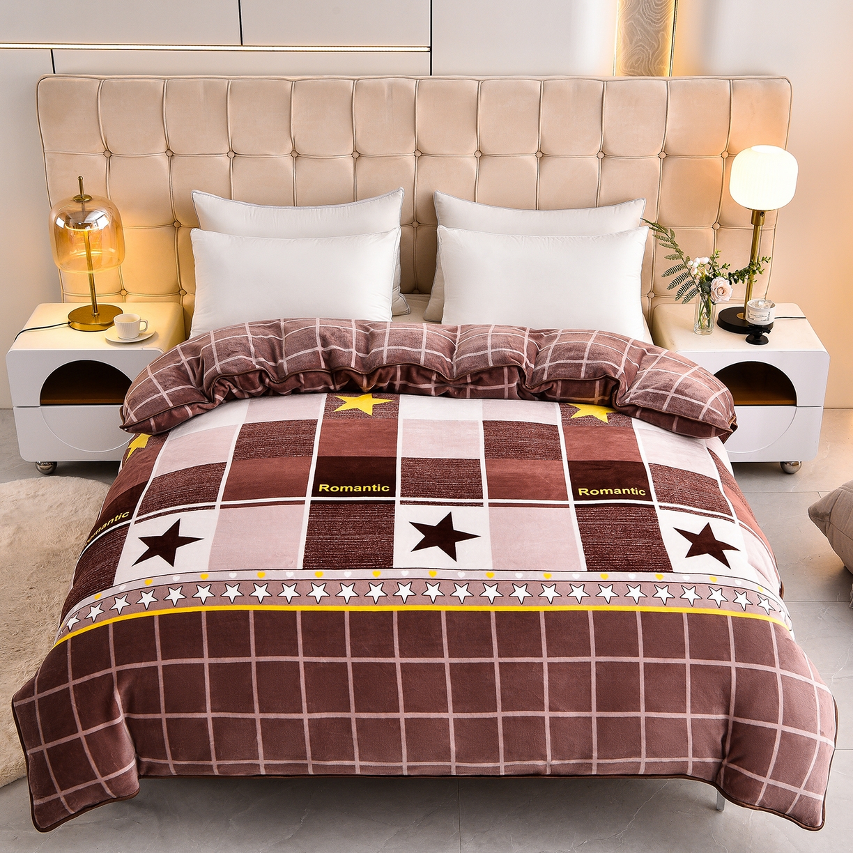 91家纺网 家纺一手货源 找家纺 博兰蒂 2025新款床裙款高克重牛奶绒印花四件套 浪漫之星