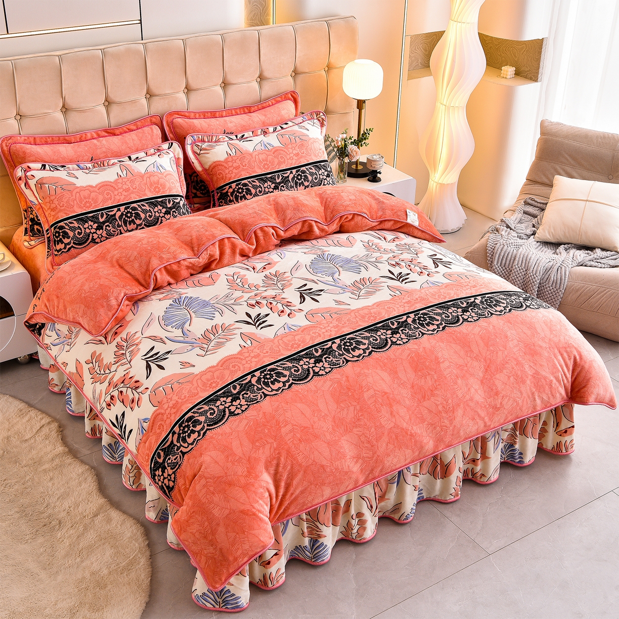 91家纺网 家纺一手货源 找家纺 博兰蒂 2025新款床裙款高克重牛奶绒印花四件套 梦幻花语