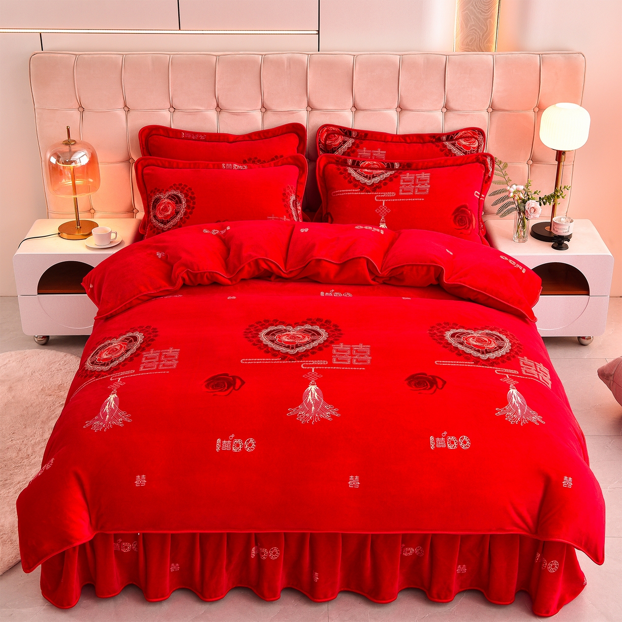 博兰蒂 2025新款床裙款高克重牛奶绒印花四件套 喜结良缘