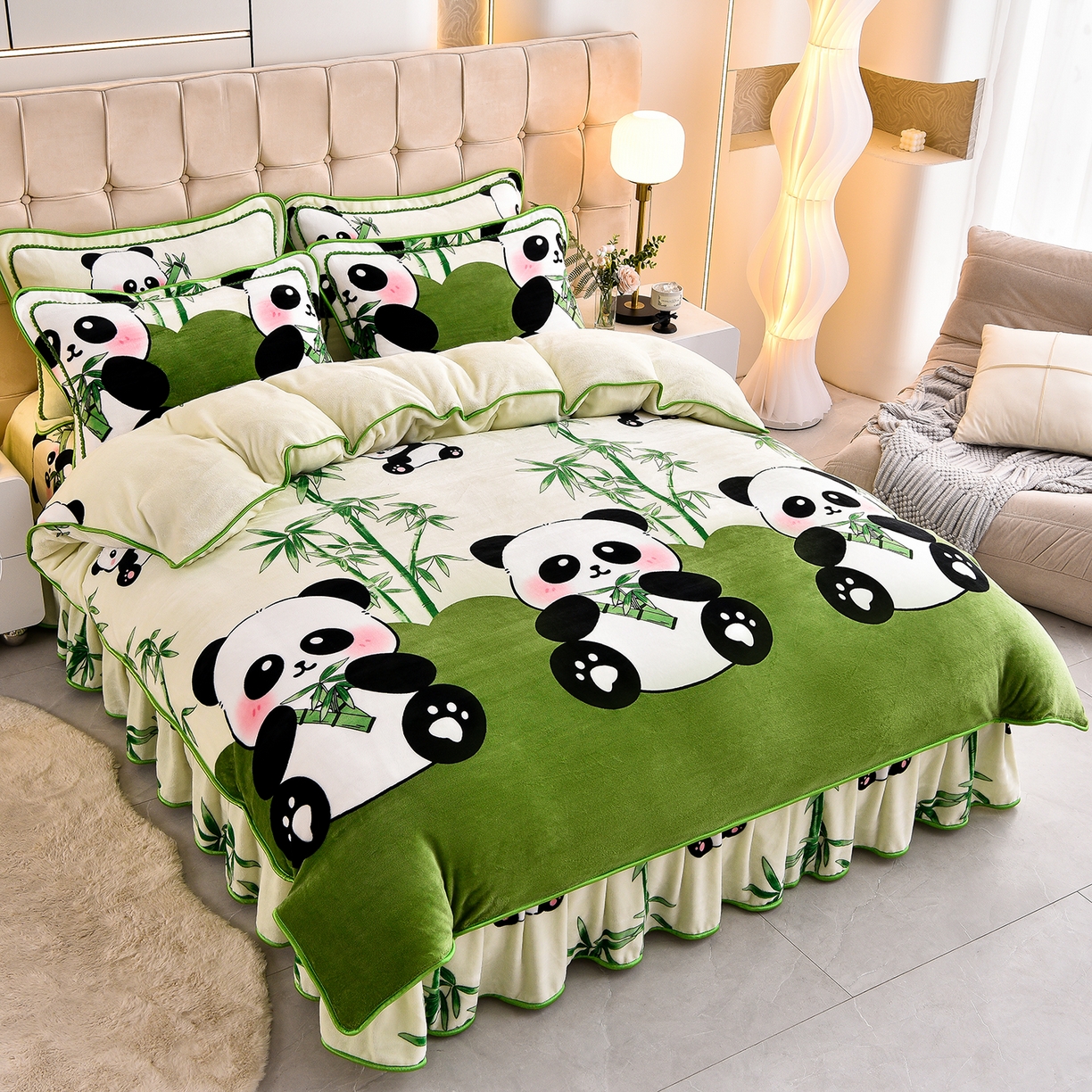 91家纺网 家纺一手货源 找家纺 博兰蒂 2025新款床裙款高克重牛奶绒印花四件套 熊猫-绿