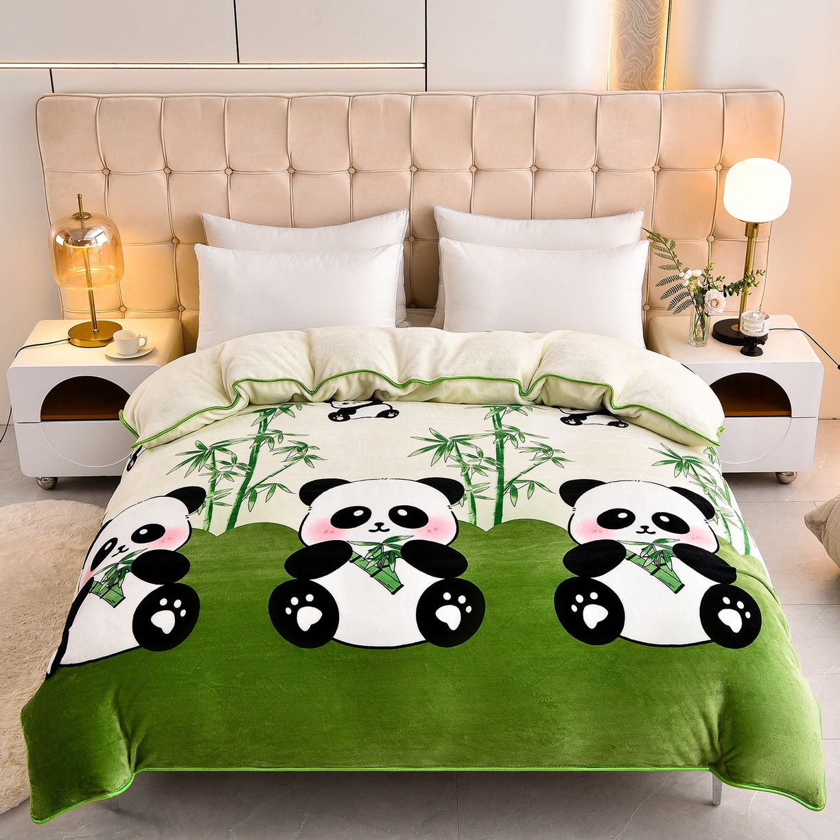 91家纺网 家纺一手货源 找家纺 博兰蒂 2025新款床裙款高克重牛奶绒印花四件套 熊猫-绿