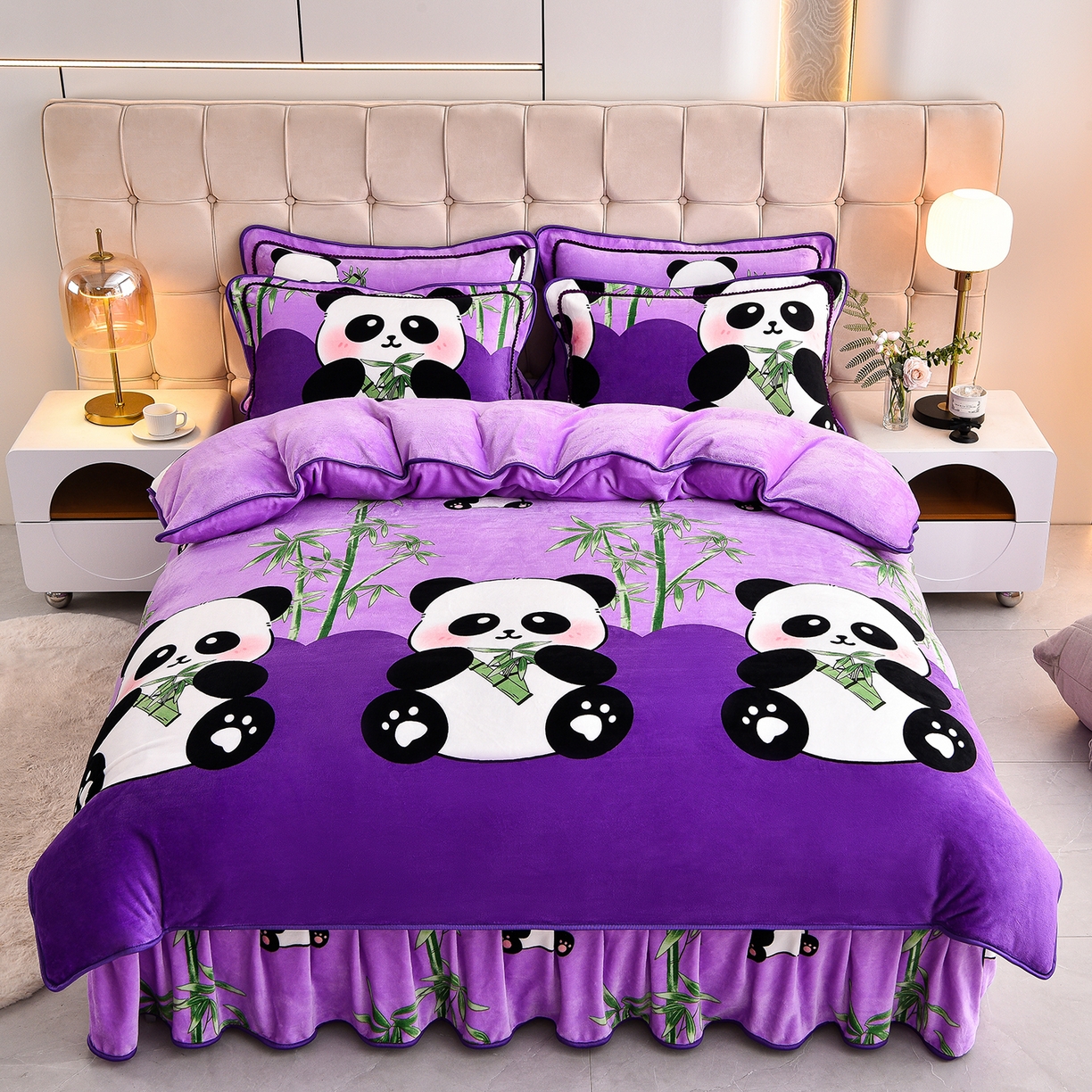 博兰蒂 2025新款床裙款高克重牛奶绒印花四件套 熊猫-紫