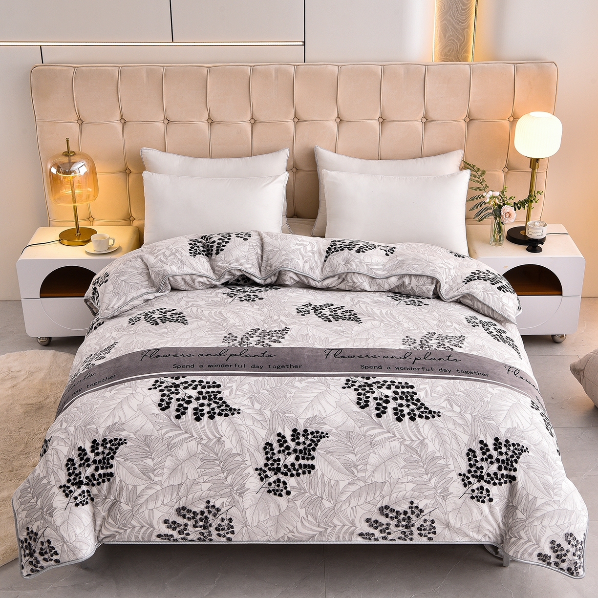 91家纺网 家纺一手货源 找家纺 博兰蒂 2025新款床裙款高克重牛奶绒印花四件套 叶语