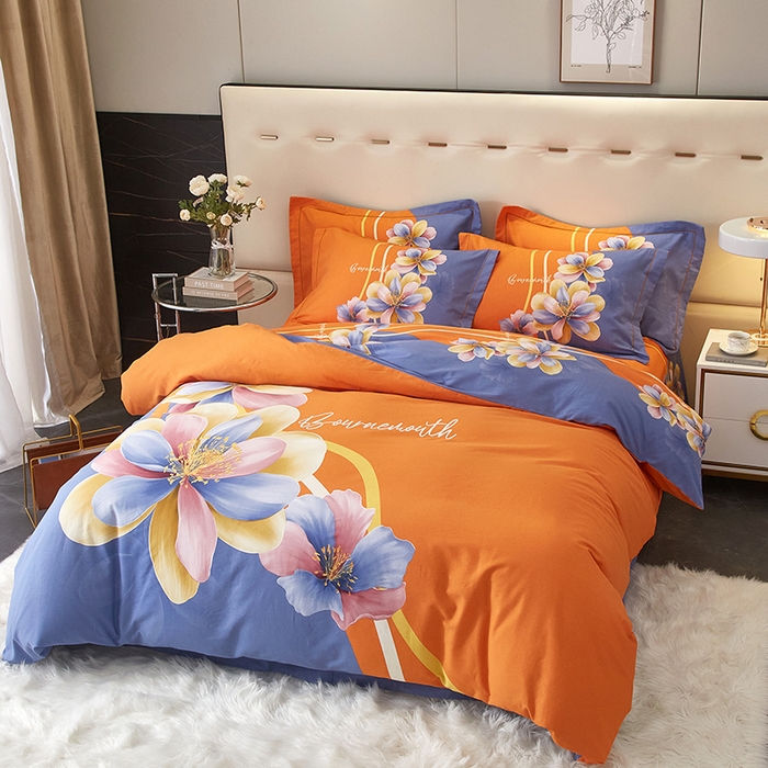 91家纺网 家纺一手货源 找家纺 启航家居 2025新款全棉纯棉磨毛大版印花四件套 佳偶天成桔