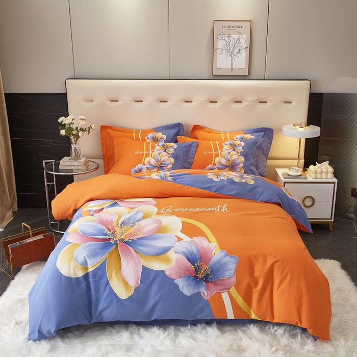 91家纺网 家纺一手货源 找家纺 启航家居 2025新款全棉纯棉磨毛大版印花四件套 佳偶天成桔