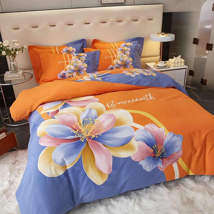 91家纺网 家纺一手货源 找家纺 启航家居 2025新款全棉纯棉磨毛大版印花四件套 佳偶天成桔