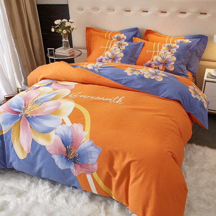 91家纺网 家纺一手货源 找家纺 启航家居 2025新款全棉纯棉磨毛大版印花四件套 佳偶天成桔