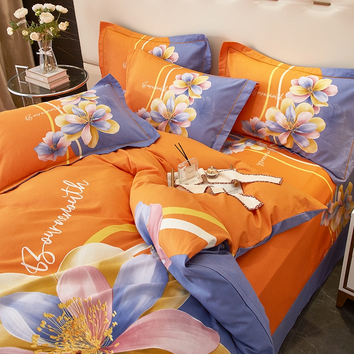 91家纺网 家纺一手货源 找家纺 启航家居 2025新款全棉纯棉磨毛大版印花四件套 佳偶天成桔