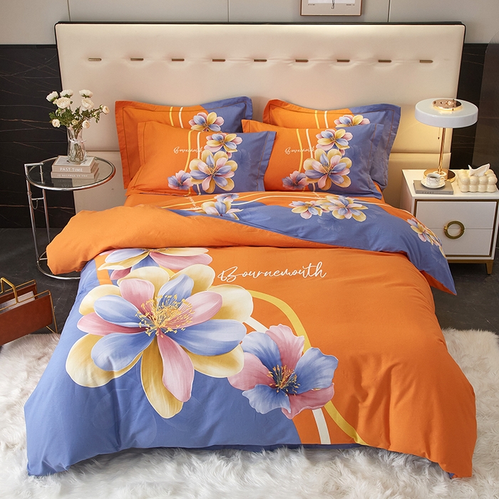 91家纺网 家纺一手货源 找家纺 启航家居 2025新款全棉纯棉磨毛大版印花四件套 佳偶天成桔