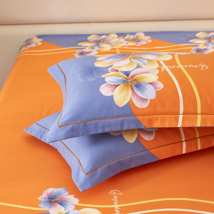 91家纺网 家纺一手货源 找家纺 启航家居 2025新款全棉纯棉磨毛大版印花四件套 佳偶天成桔