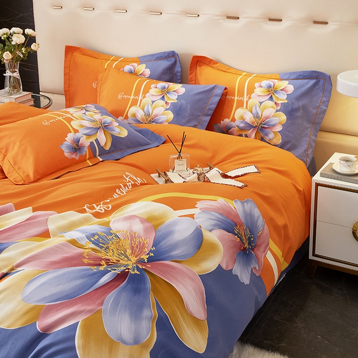 91家纺网 家纺一手货源 找家纺 启航家居 2025新款全棉纯棉磨毛大版印花四件套 佳偶天成桔