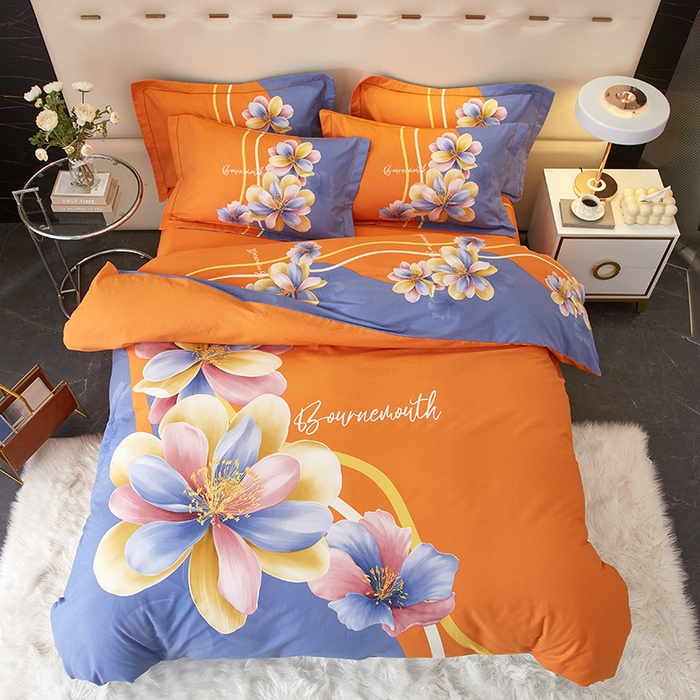 91家纺网 家纺一手货源 找家纺 启航家居 2025新款全棉纯棉磨毛大版印花四件套 佳偶天成桔