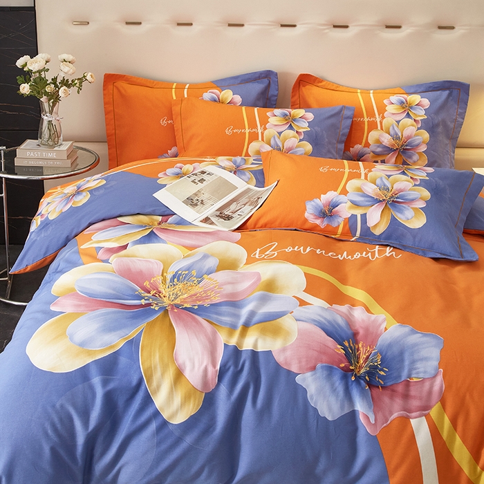 91家纺网 家纺一手货源 找家纺 启航家居 2025新款全棉纯棉磨毛大版印花四件套 佳偶天成桔