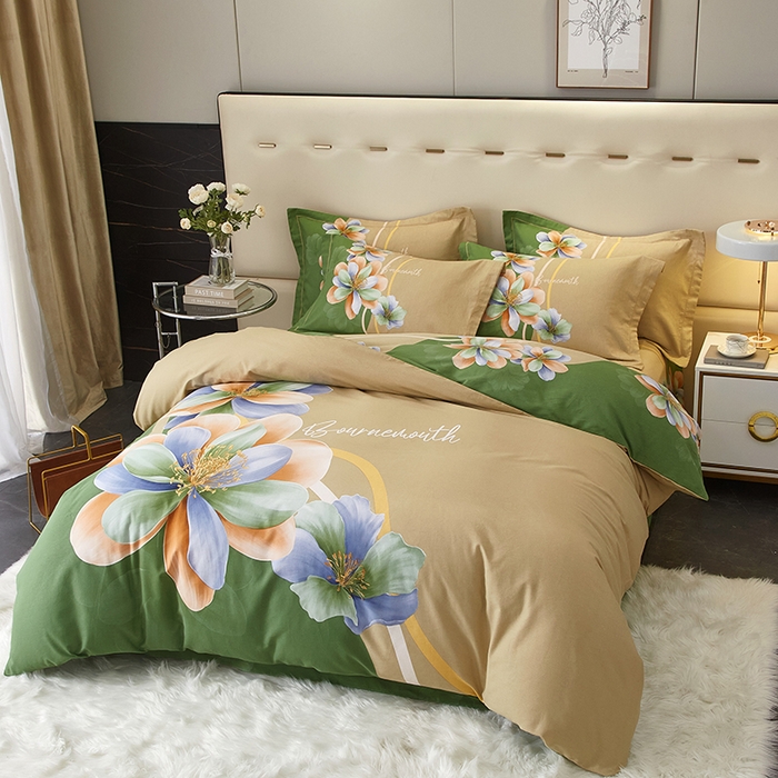 91家纺网 家纺一手货源 找家纺 启航家居 2025新款全棉纯棉磨毛大版印花四件套 佳偶天成绿