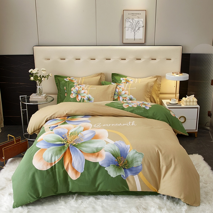 91家纺网 家纺一手货源 找家纺 启航家居 2025新款全棉纯棉磨毛大版印花四件套 佳偶天成绿