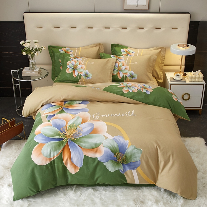 91家纺网 家纺一手货源 找家纺 启航家居 2025新款全棉纯棉磨毛大版印花四件套 佳偶天成绿