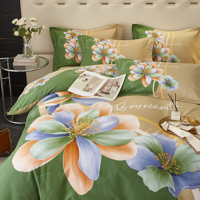 91家纺网 家纺一手货源 找家纺 启航家居 2025新款全棉纯棉磨毛大版印花四件套 佳偶天成绿