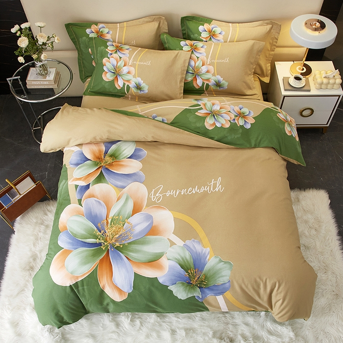 91家纺网 家纺一手货源 找家纺 启航家居 2025新款全棉纯棉磨毛大版印花四件套 佳偶天成绿