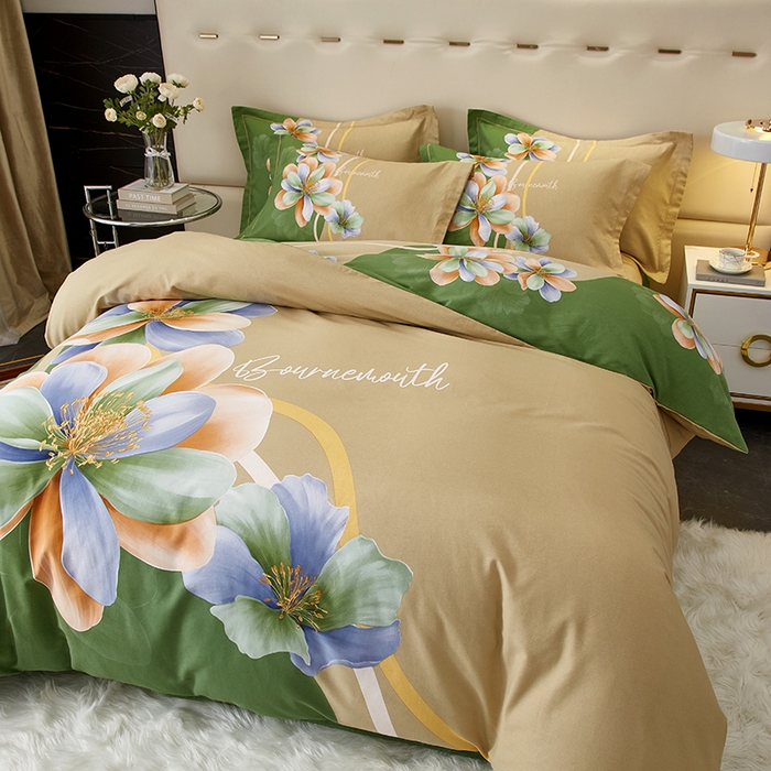 91家纺网 家纺一手货源 找家纺 启航家居 2025新款全棉纯棉磨毛大版印花四件套 佳偶天成绿