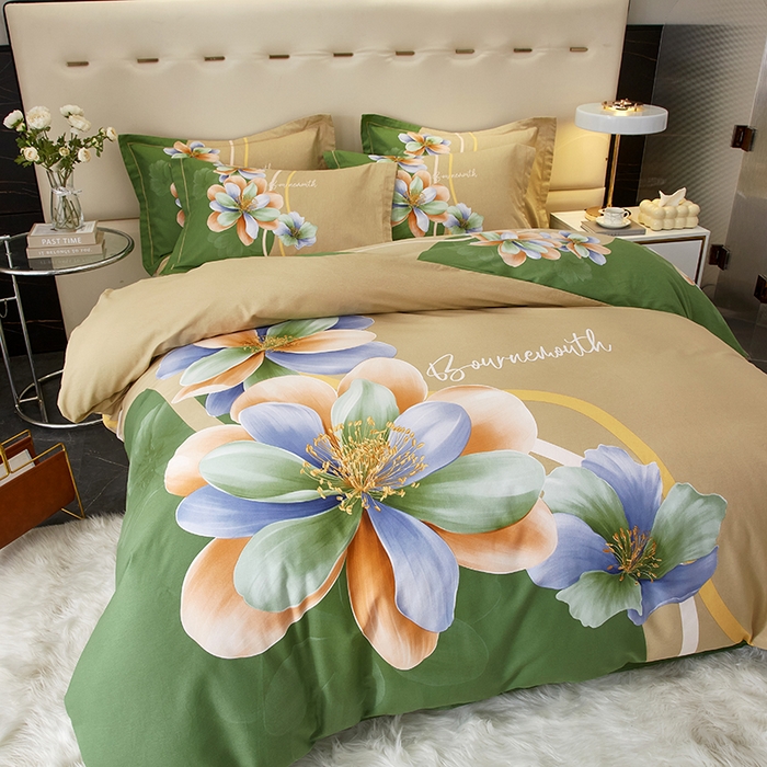 91家纺网 家纺一手货源 找家纺 启航家居 2025新款全棉纯棉磨毛大版印花四件套 佳偶天成绿